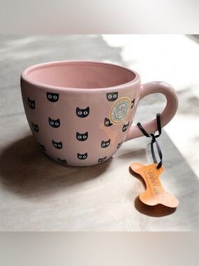 NEW Winifred & Lily Hand Painted Halloween Pink Oversized Mug Black Cat Ceramic